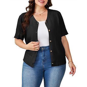Plus Size Cardigan for Women Button Down Sheer Round Neck Short Sleeve Knitted Sweater