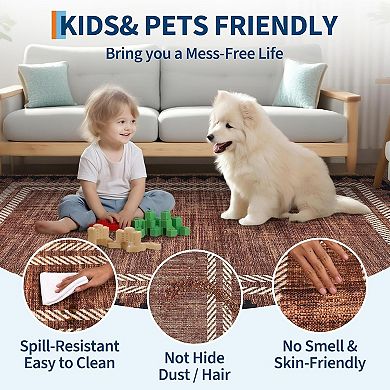 Geometric Bordered Printed Area Rugs,Non Slip Stain Resistant Low Pile Rug