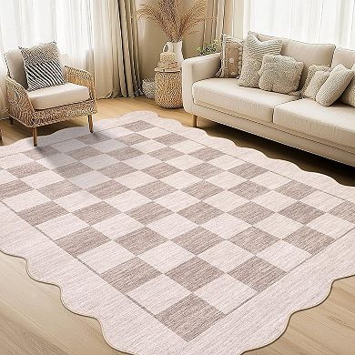 Scalloped Modern Geometric Checkered Rugs,Low Pile,Washable