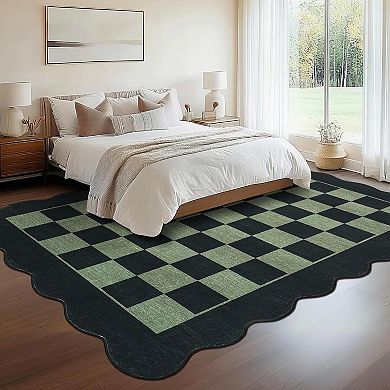Scalloped Modern Geometric Checkered Rugs,Low Pile,Washable