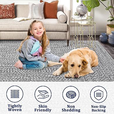 Braided Printed Area Rug with Rubber Backing, Non Shedding Low Pile