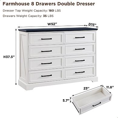 Farmhouse Rustic Wood 8-Drawer Dresser with Metal Handles