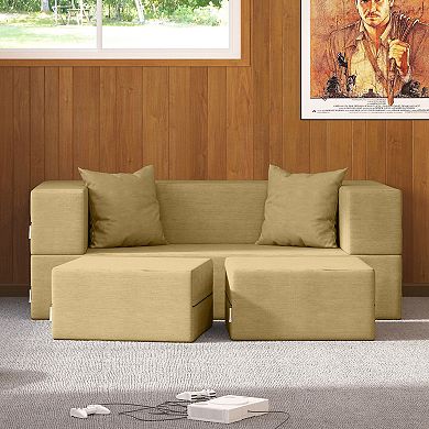 Jaxx Zipline Convertible Sleeper Loveseat & Ottomans, Textured Microvelvet