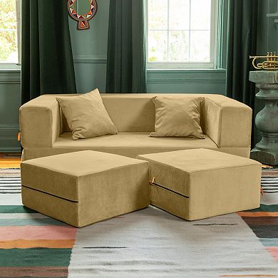 Jaxx Zipline Convertible Sleeper Loveseat & Ottomans, Textured Microvelvet
