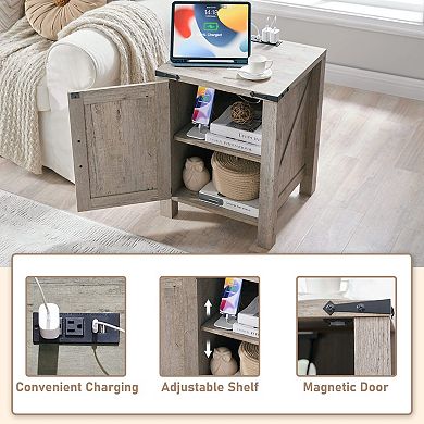 Farmhouse Nightstand Charging Station Barn Door Adjustable Shelf