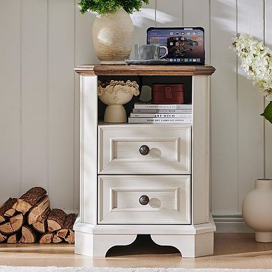 Farmhouse Nightstand Charging Station 2-Drawer Bedside Table