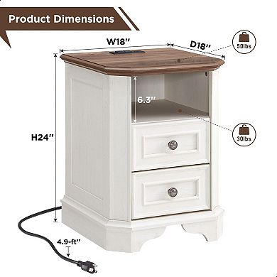 Farmhouse Nightstand Charging Station 2-Drawer Bedside Table