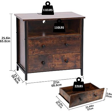 Retro LED Bedside Tables (2-Piece Set) with Charging Station and Adjustable Drawer