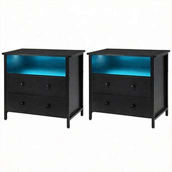 Retro LED Bedside Tables (2 pc Set) with Charging Station and Adjustable Drawer