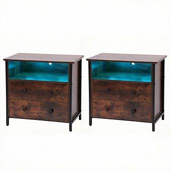 Retro LED Bedside Tables (2 pc Set) with Charging Station and Adjustable Drawer