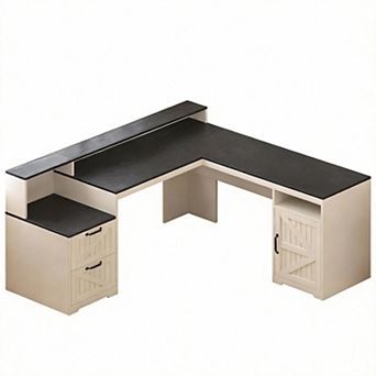 Farmhouse L-Shaped Desk with Drawers Storage Shelf Power Outlets monitor stand