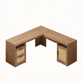 Farmhouse L-Shaped Desk with Drawers Storage Shelf Power Outlets monitor stand