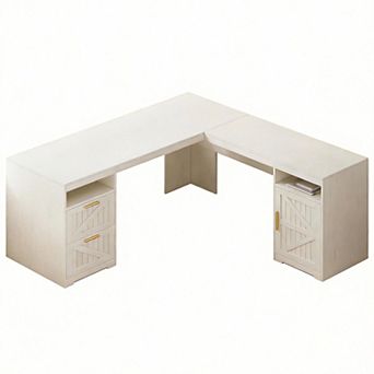 Farmhouse L-Shaped Desk with Drawers Storage Shelf Power Outlets monitor stand