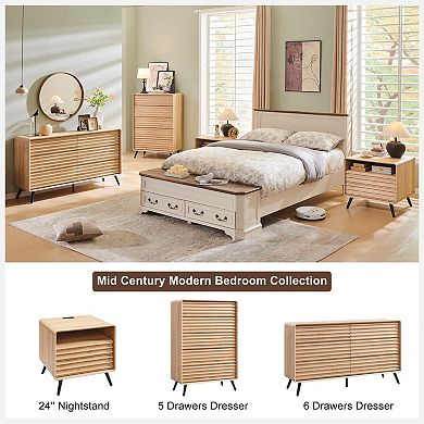 Fluted Nightstand with Charger Drawers Cubby Storage