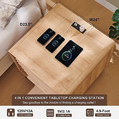 Fluted Nightstand with Charger Drawers Cubby Storage