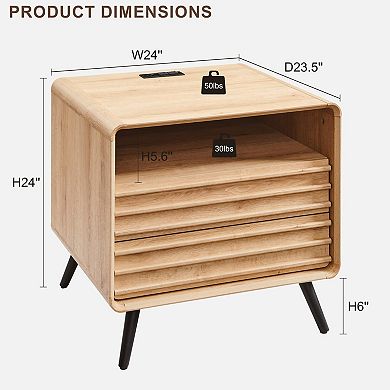 Fluted Nightstand with Charger Drawers Cubby Storage