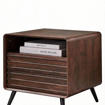 Fluted Nightstand with Charger Drawers Cubby Storage