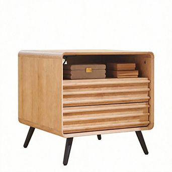 Fluted Nightstand with Charger Drawers Cubby Storage
