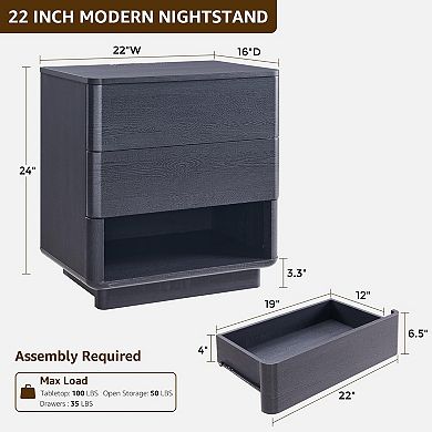 Nightstand Charging Station Push-to-Open 2-Drawer Modern Bedside Table
