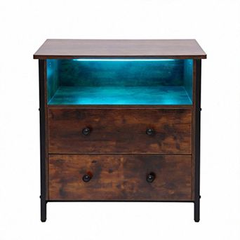 LED Nightstand with Charging Station and 2 Drawers Adjustable Bedside Table