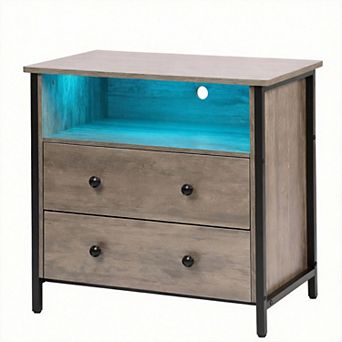 LED Nightstand with Charging Station and 2 Drawers Adjustable Bedside Table