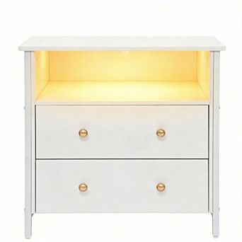 LED Nightstand with Charging Station and 2 Drawers Adjustable Bedside Table