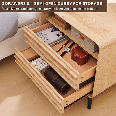 Fluted Nightstand with Charger 2 Drawers Cubby