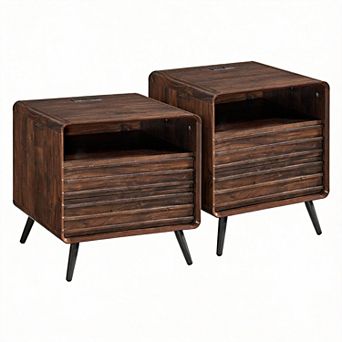 Fluted Nightstand with Charger 2 Drawers Cubby