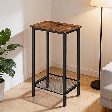 Industrial Tall Side Table Rustic Adjustable Mesh Shelf