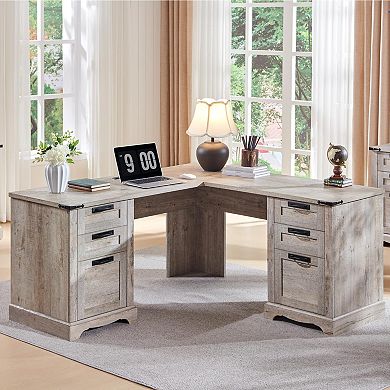 Farmhouse L-Shaped Desk with Drawers Charging Station File Cabinet