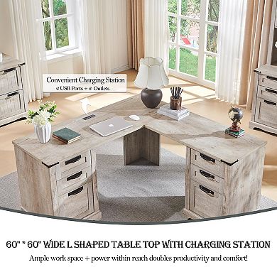 Farmhouse L-Shaped Desk with Drawers Charging Station File Cabinet