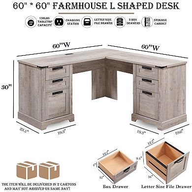Farmhouse L-Shaped Desk with Drawers Charging Station File Cabinet