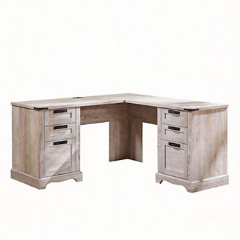 Farmhouse L-Shaped Desk with Drawers Charging Station File Cabinet