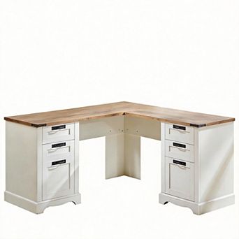 Farmhouse L-Shaped Desk with Drawers Charging Station File Cabinet