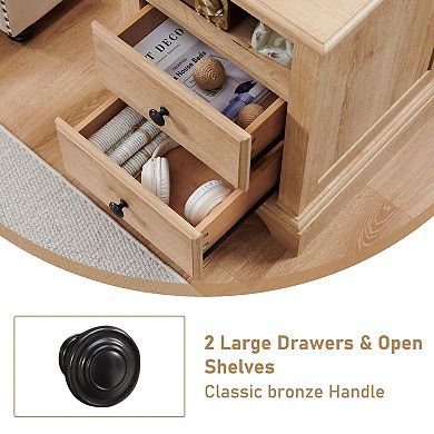 Nightstand Charging Station Wood 2 Drawers Open Shelf Bedroom