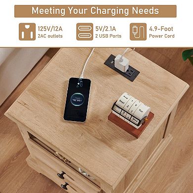 Nightstand Charging Station Wood 2 Drawers Open Shelf Bedroom