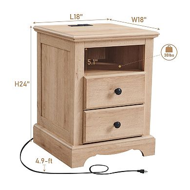 Nightstand Charging Station Wood 2 Drawers Open Shelf Bedroom