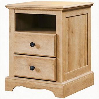 Nightstand Charging Station Wood 2 Drawers Open Shelf Bedroom