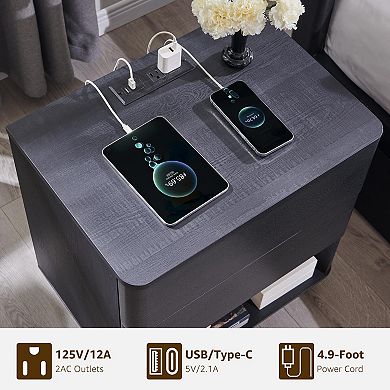Nightstand with Charging Station Push-to-Open Drawers