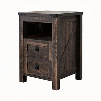 Farmhouse Nightstand Charging Station Drawers Open Shelf Barnwood