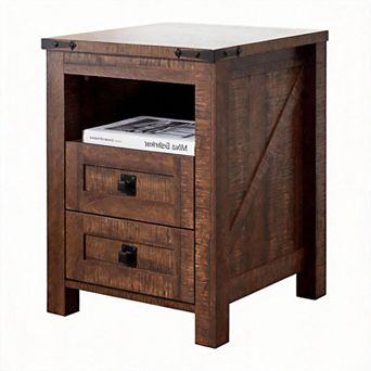 Farmhouse Nightstand Charging Station Drawers Open Shelf Barnwood