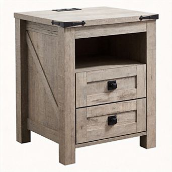 Farmhouse Nightstand Charging Station Drawers Open Shelf Barnwood