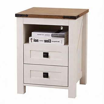 Farmhouse Nightstand Charging Station Drawers Open Shelf Barnwood