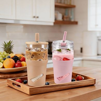 Glass Tumbler with Lids & Straws, 20oz Iced Coffee Smoothie Cup
