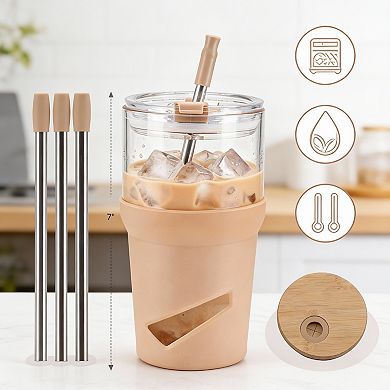 Glass Tumbler with Lids & Straws, 20oz Iced Coffee Smoothie Cup