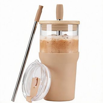 Glass Tumbler with Lids & Straws, 20oz Iced Coffee Smoothie Cup