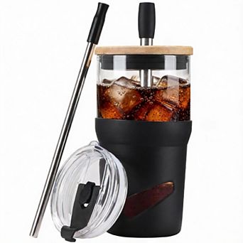Glass Tumbler with Lids & Straws, 20oz Iced Coffee Smoothie Cup