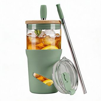 Glass Tumbler with Lids & Straws, 20oz Iced Coffee Smoothie Cup