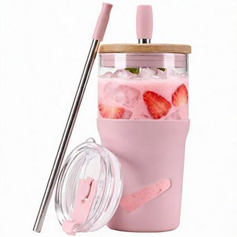 Glass Tumbler with Lids & Straws, 20oz Iced Coffee Smoothie Cup