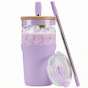 Glass Tumbler with Lids & Straws, 20oz Iced Coffee Smoothie Cup